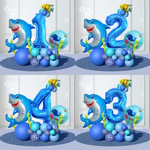 Ocean Animal World Balloon Column Set Shark Number Foil Balloons For Kids Birthday Party Scene Decoration Props