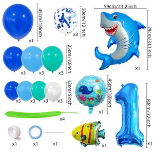 Ocean themed first birthday party balloon kit with shark and number one foil balloons