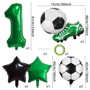 Soccer themed balloon set for boys' birthdays with foil shoe and number one balloon