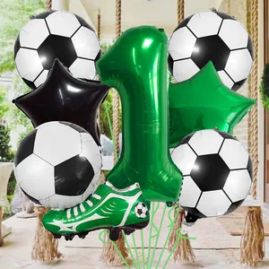 Soccer theme foil balloon set with green number one and football shoe for 1st birthday party