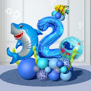 Detail of ocean shark balloon set with number 2 and marine animals for 2nd birthday