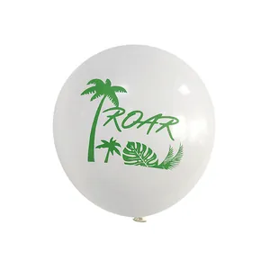 Detail of a white party balloon with green palm leaves and ROAR text for dinosaur themes