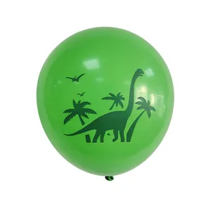 Detail of 12-inch green latex balloon with dark green dinosaur and palm tree silhouette
