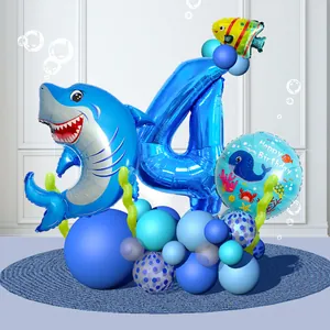 Blue ocean shark balloon set with number 4 for boy 4th birthday party decoration