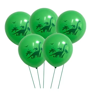 Five 12-inch green dinosaur latex balloons with tropical jungle prints for kids parties