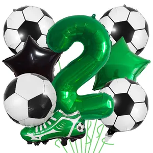 Soccer theme birthday set featuring green number 2 foil balloon and football sneaker