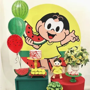 Watermelon party decor set with round backdrop, balloons and colorful dessert stand