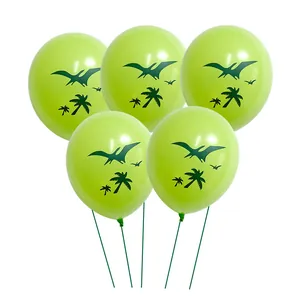 5-pack of 12-inch green dinosaur latex balloons with pterosaur and palm tree patterns