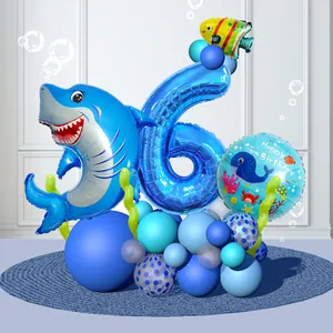 Sea animal balloon set with shark and blue number 6 for kids birthday party decoration