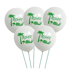 Set of 5 white dinosaur roar balloons with green tropical palm leaves for party decor