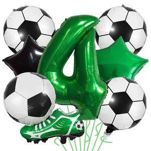 Soccer party foil balloons set featuring cleats star shapes and green number 4 for birthday