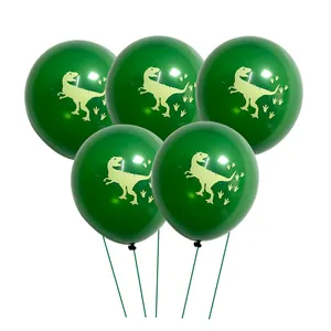Set of 5 12-inch green dinosaur latex balloons with T-rex prints and balloon sticks