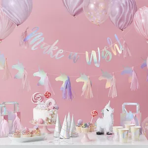 Unicorn birthday party decoration set with Make a Wish banner and laser finish tassels