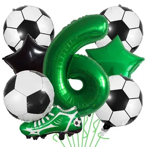 Detailed set of soccer theme foil balloons with green shoe and number 6 for birthday decor