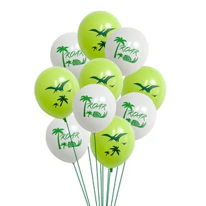Dinosaur theme party balloon set with green pterosaur and white ROAR palm leaf prints