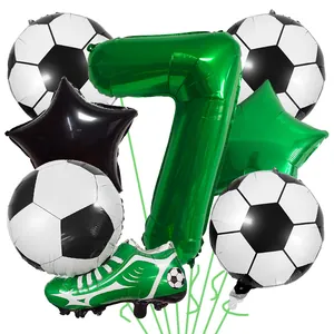 Eight-piece soccer balloon set featuring a green number 7, footballs and cleats