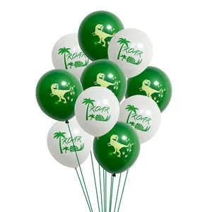 Detail of dinosaur themed party balloons with T-Rex silhouette and green ROAR print