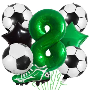Soccer theme birthday balloon set featuring green number 8, cleats, and soccer ball foils