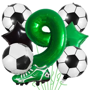 Soccer themed 9th birthday party balloon set featuring cleats and green foil number