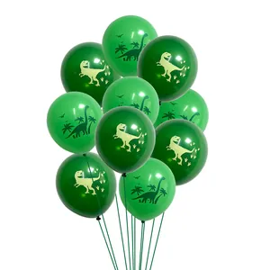 Close-up of 12-inch green dinosaur latex balloons with jungle patterns for party decor