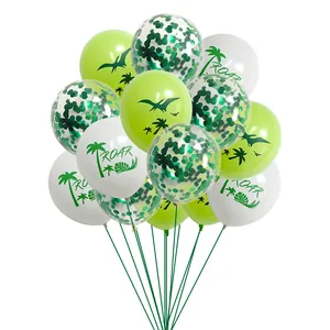 Detail of green and white dinosaur party balloons with ROAR prints and green sequins