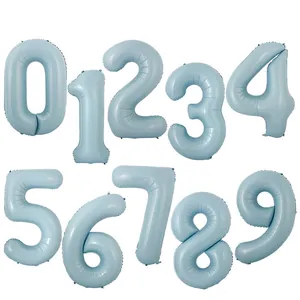 Macro view of light blue matte finish aluminum foil numbers 0-9 for party decor