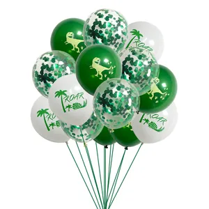 Detail of 12-inch green dinosaur balloons with ROAR prints and glitter for party decor