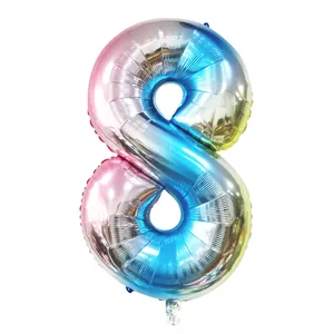 Detailed view of number 8 balloon with macaron gradient color and metallic foil texture