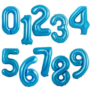 Detail view of large metallic blue number balloons 0-9 for birthday party decorations