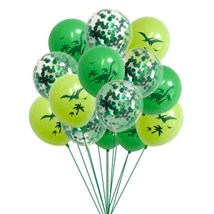 Detail of green dinosaur balloons and transparent confetti balloons for jungle party