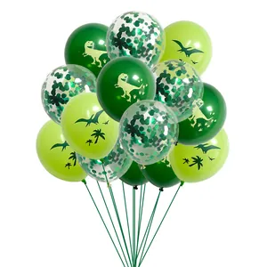 Detail of 12-inch green dinosaur balloons with T-Rex prints and green glitter sequins