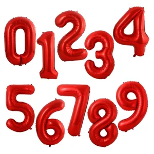 Detailed set of red foil balloons from 0 to 9 with glossy metallic finish for party decor