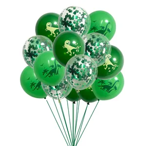 Detail of green dinosaur latex balloons with confetti and palm leaf prints for kids' parties