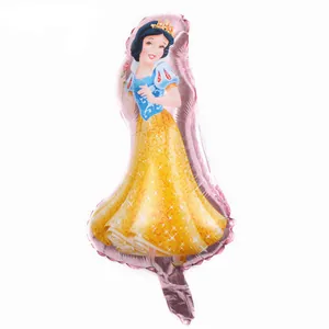 Detail of Snow White foil balloon showing vibrant yellow and blue printing with inflation valve
