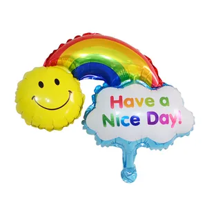 Close-up of rainbow cloud foil balloon with smile face and Have a Nice Day text