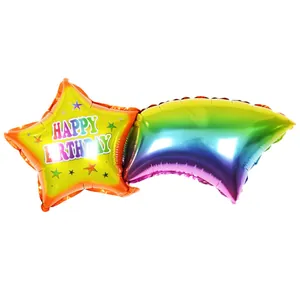 Detailed view of shooting star foil balloon with Happy Birthday print and rainbow tail