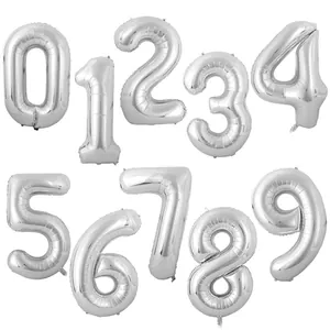 Detail view of 0-9 silver number foil balloons with metallic reflection for party decor