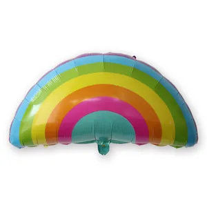 Detailed view of semi-circular rainbow foil balloon with vibrant colored stripes