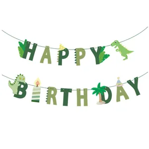 Banderole Happy Birthday dinosaure avec feuilles pour décoration de fête jungle