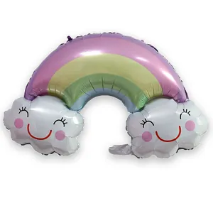 Detail of a smiling rainbow cloud foil balloon with colorful stripes and cute facial features