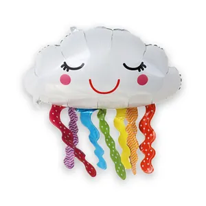 Detail of cartoon cloud balloon with colorful rainbow tassels and cute smiling face