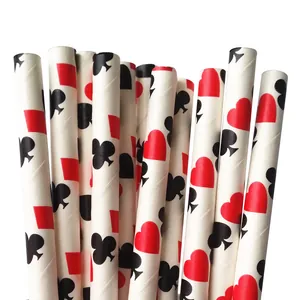 Poker Card Suits Printed Biodegradable Kraft Paper Straws For Casino Theme Party Wedding Banquet Disposable Drinking Straws