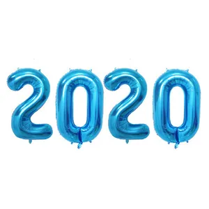 Close-up of number 2020 blue foil balloons set with metallic texture and inflation valves