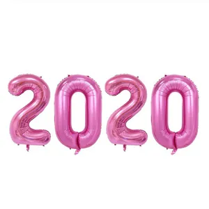 Detailed view of pink metallic number 2020 foil balloons for birthday party decorations