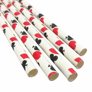 Eco-friendly paper straws with black and red poker card suit patterns for parties