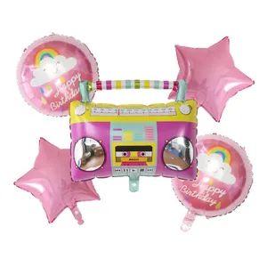 Set de 5 globos de radio retro con patines de disco y estrellas de papel de aluminio