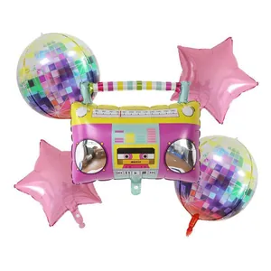 Set 5 globos de fiesta retro con boombox, esferas de disco y estrellas rosas