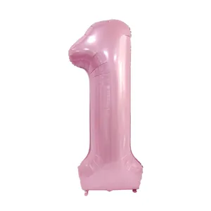 Detail view of 40-inch macaron pink number 1 foil balloon with pearlescent metallic finish