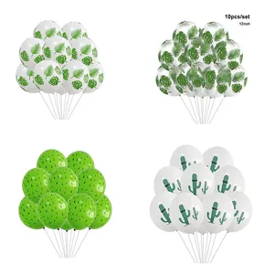 Detail view of 12-inch jungle tropical leaf and cactus print party latex balloons set
