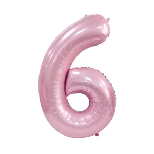 Detailed view of pink aluminum foil number 6 balloon with metallic gloss for parties
